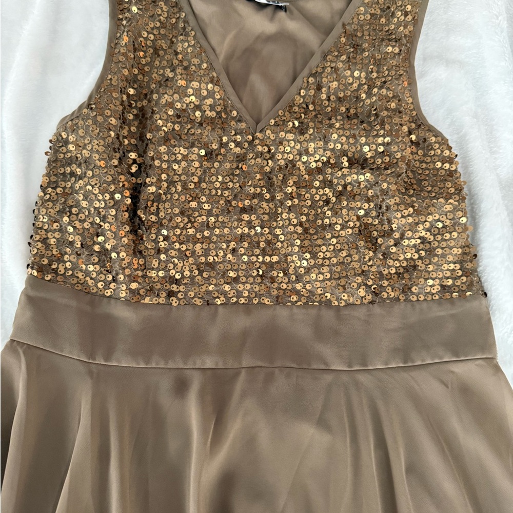Venus Gold Sequins Chiffon Asymmetrical High Low Hem Lined Dress 2 - Picture 2 of 8